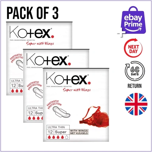 Kotex Ultra Thin Super With Wings 12 Pads x 3 Pack bundle – total 36 pads UK