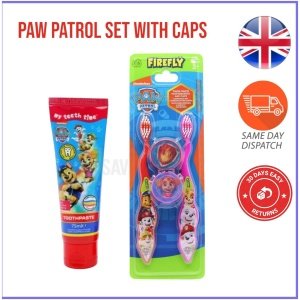 PAW PATROL Duo Toothbrush with Cap & Toothpaste 75mL Bubblegum Flavour Free P&P