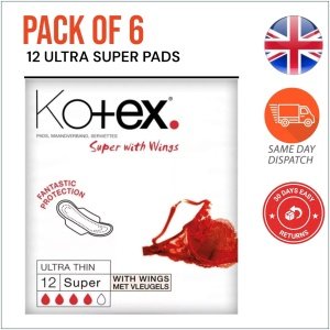 Kotex Ultra Thin 12 Super Pads With Wings - Sanitary Towels Silky Soft Pack of 6