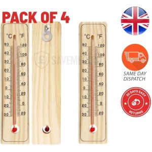 4x WOODEN WALL THERMOMETER | Indoor Outdoor Home Room Office Garden Greenhouse